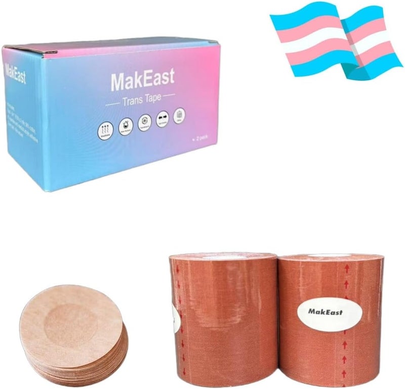 MakEast 2 Rolls Trans Tape for Transitioning Chest Binding Tape FTM Chest Binder with Nipple Covers Waterproof 3 in X 16.5 ft - Image 2